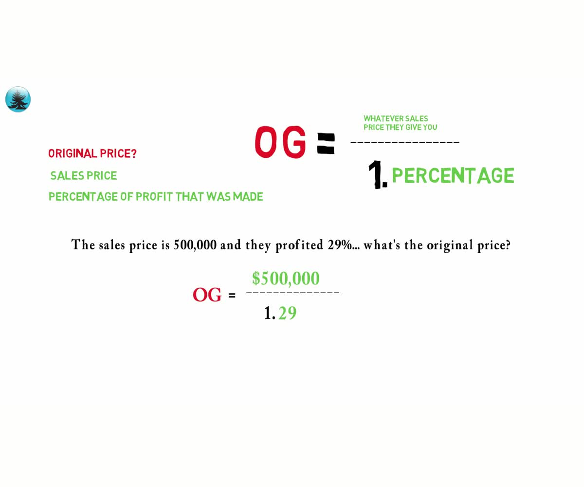 Real estate math whiteboard: formula for calculating original price from sales price and profit percentage
