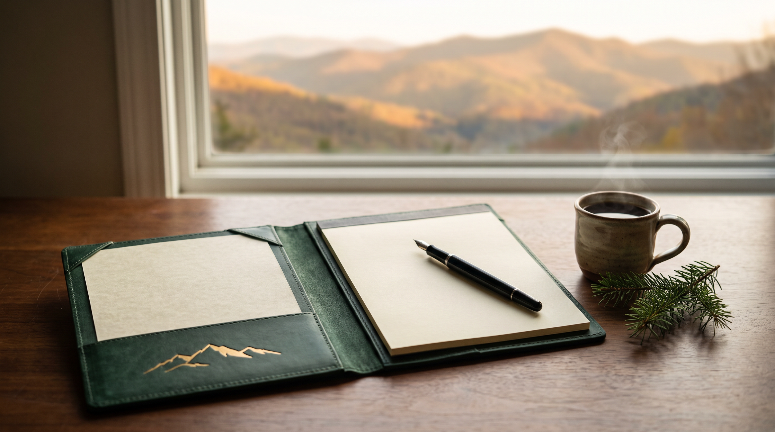 Spruce green leather portfolio with a gold West Virginia mountain silhouette on a wooden desk overlooking the Appalachian mountains at sunrise — West Virginia real estate license renewal