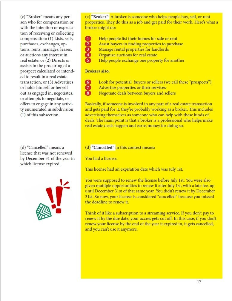 Interior page of the WV Real Estate Law Code Bible showing WV law code next to a plain-English explanation