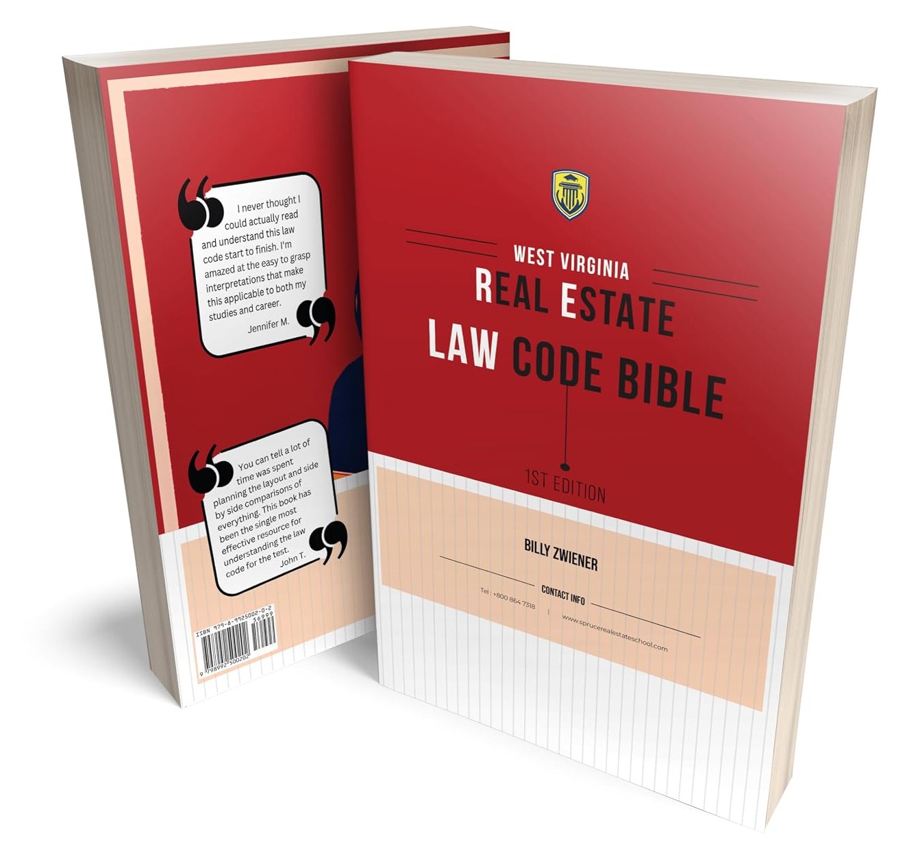 Front and back cover of the WV Real Estate Law Code Bible with student testimonials and ISBN 979-8-9925002-0-2