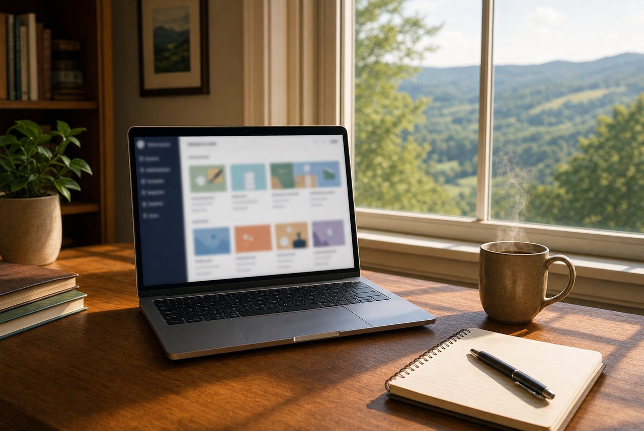 Online West Virginia real estate course open on a laptop overlooking Appalachian mountains