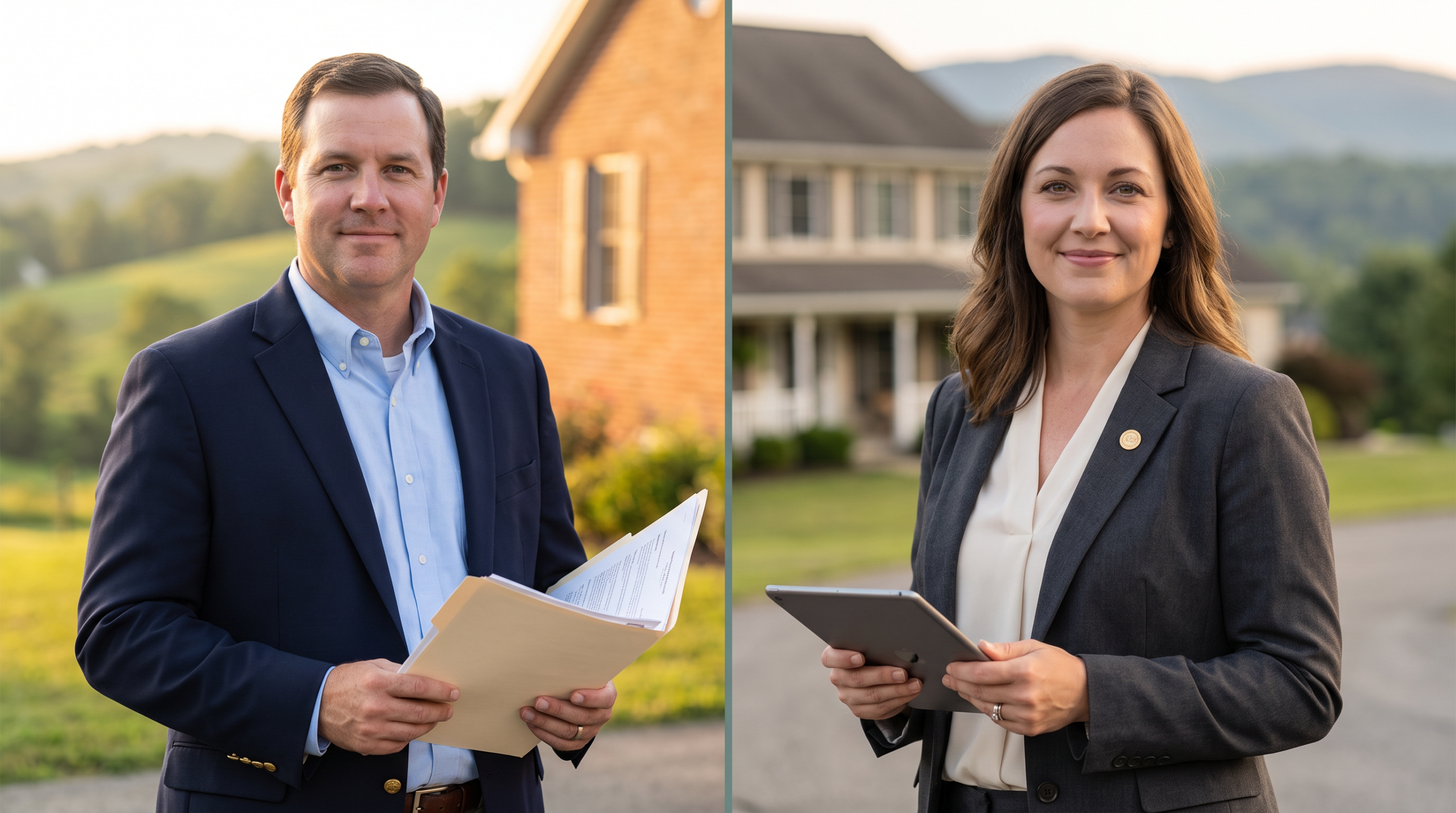 A licensed West Virginia real estate agent on the left and a Realtor member on the right, illustrating the difference between the two credentials in front of a WV home