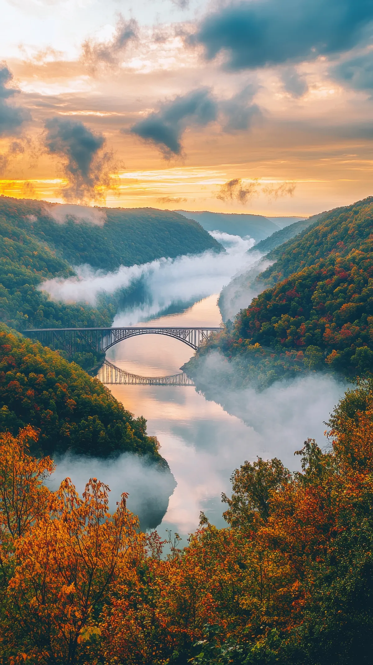Arch bridge over a misty river valley surrounded by autumn trees. New River Gorge, WV