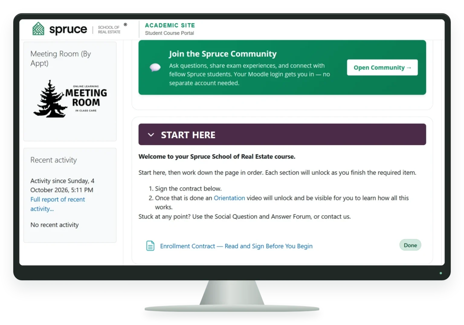 Spruce online real estate classroom showing the Start Here section and the student community link