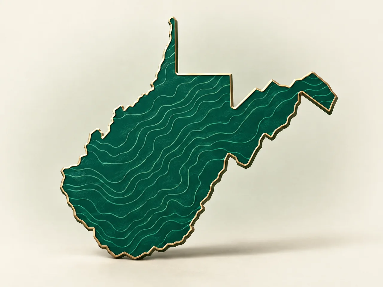 West Virginia state silhouette in Spruce green with a dimensional gold edge.
