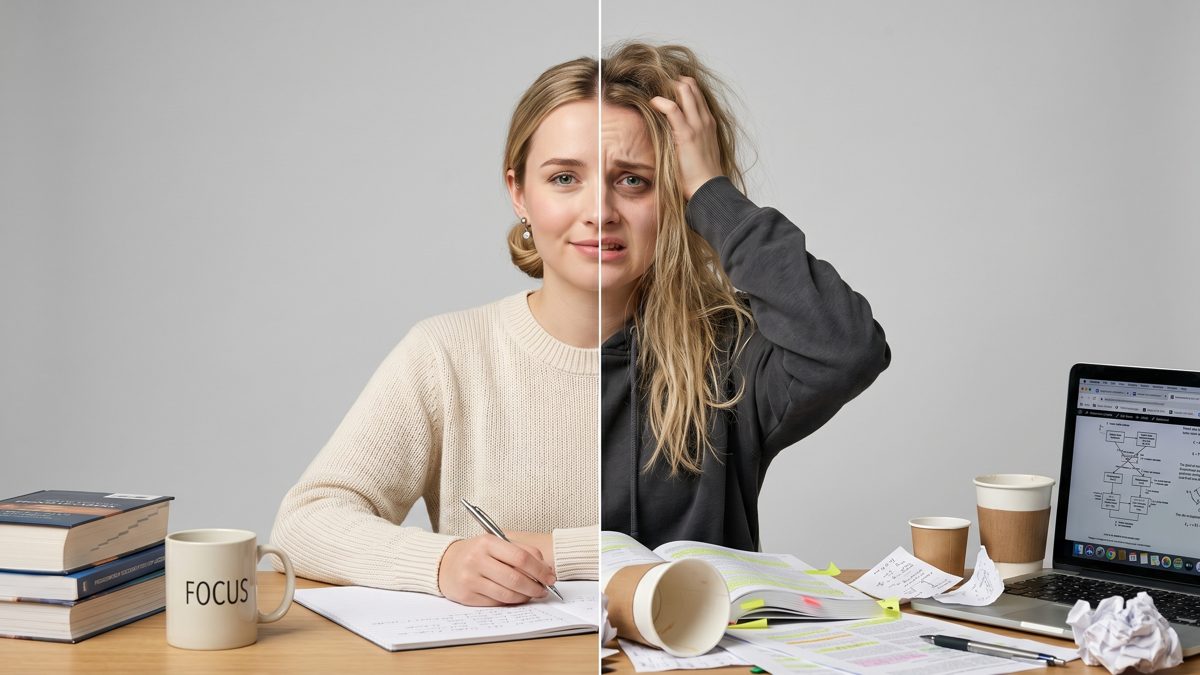 West Virginia real estate exam prep: a student calm and focused on the left, frazzled and overwhelmed on the right